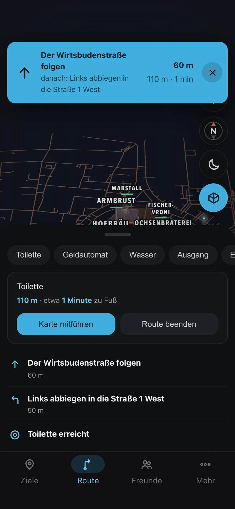 Route zur nächsten Toilette mit Schrittliste