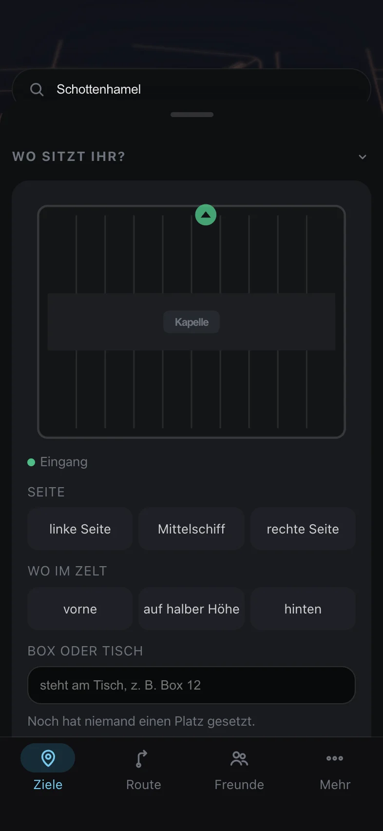 Tischplan: Seite, Höhe und Box im Zelt