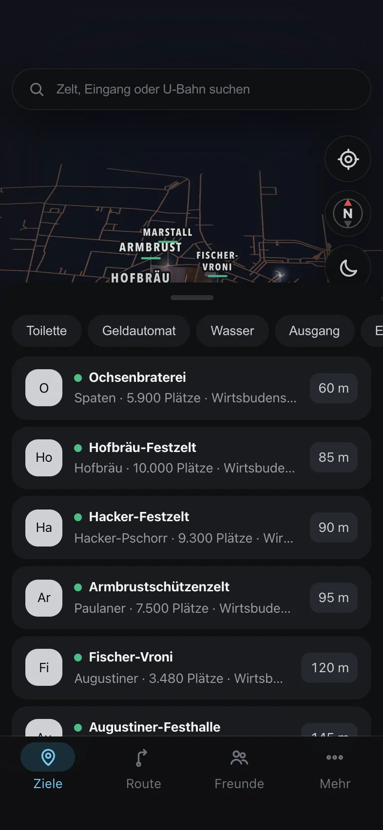 Zelte in der Nähe mit Entfernung und Einlassstand